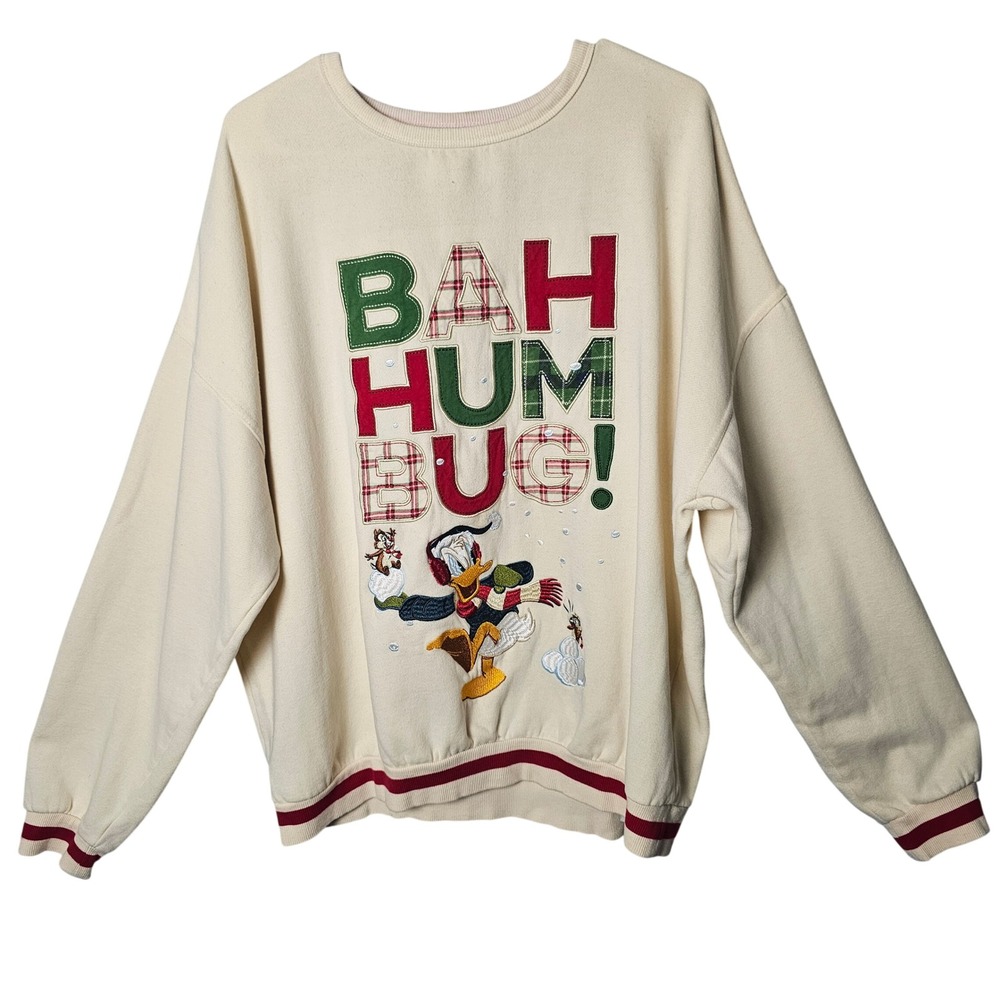 Disney Donald Duck Bah Hum Bug Embroidered Sweatshirt L Cream Christmas Kitsch